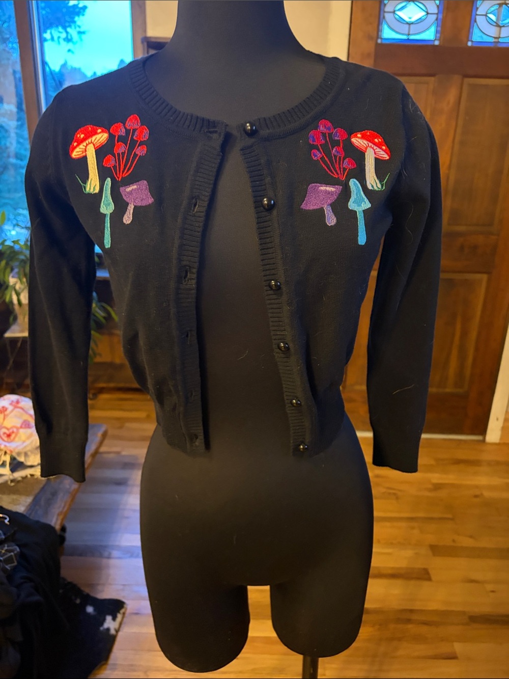 Collectif NWT Black Cropped Cardigan with Colorful Mushroom Embroidery